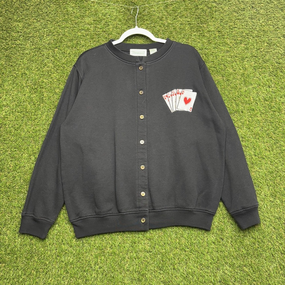 Shenanigans Cardigan Sweater Mens Medium Black Playing Cards Embroidered Poker